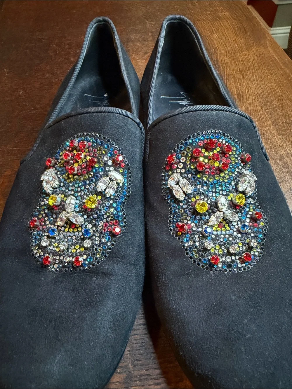 Giuseppe Zanotti Kevin Rhinestone Skull Suede Loafers Black Size 41